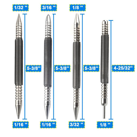 Heavy Duty Spring Nail Set With Heat Treated Steel And Accurate Size Marked Punches showing various punch sizes and details.