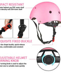 Kid Friendly 7 Piece Protective Gear Set With Adjustable Helmet Knee Pads Elbow Pads And Wrist Guards For Outdoor Sports Like Cycling Skateboarding Roller Skating And Scooter Pink For Ages 3 To 10. Features pink adjustable helmet with PVC outer shell and EVA padding.