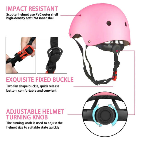 Kid Friendly 7 Piece Protective Gear Set With Adjustable Helmet Knee Pads Elbow Pads And Wrist Guards For Outdoor Sports Like Cycling Skateboarding Roller Skating And Scooter Pink For Ages 3 To 10. Features pink adjustable helmet with PVC outer shell and EVA padding.