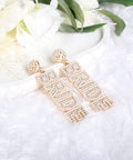 Bride To Be Beaded Earrings With Sparkling Rhinestones And Bride Lettering, White Jewelry For Bachelorette Party And Wedding Day, Elegant Centerpiece Accessory For The Bride, gold beaded pair