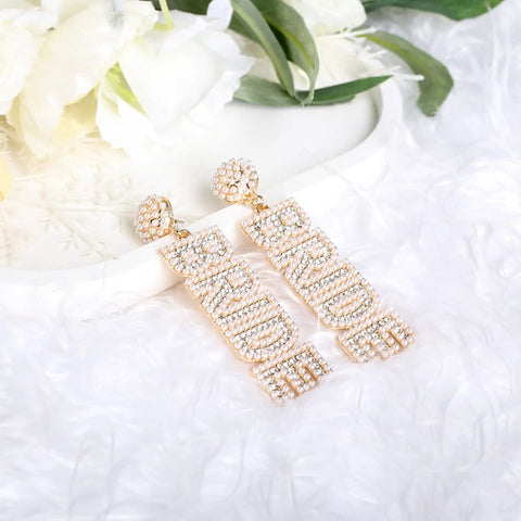 Bride To Be Beaded Earrings With Sparkling Rhinestones And Bride Lettering, White Jewelry For Bachelorette Party And Wedding Day, Elegant Centerpiece Accessory For The Bride, gold beaded pair