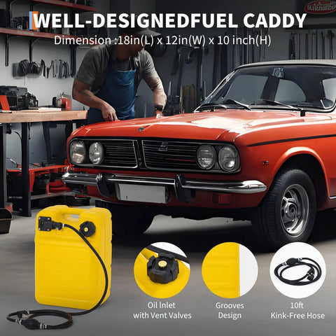 Beefy Portable Tank With Line For Generators And Marine Use 6.34 Gallon 24 L with car in garage background