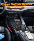 Road Trip Ready 200W Car Power Inverter 12V To 110V AC with fast charging ports in vehicle interior, sleek design, silent cooling.
