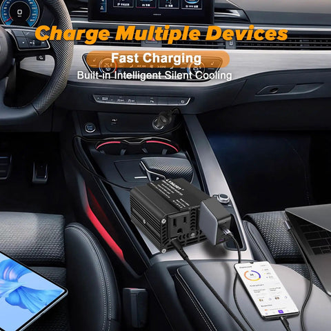 Road Trip Ready 200W Car Power Inverter 12V To 110V AC with fast charging ports in vehicle interior, sleek design, silent cooling.
