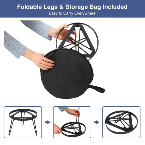 Hands folding a heavy-duty iron tripod stand with folding legs and storage bag, for Folding Campfire Tripod For Cooking.