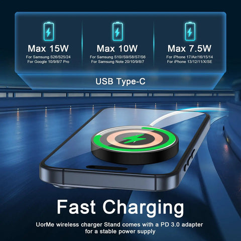 15W Magnetic Wireless Charger Pad For Galaxy S21 Through S26 And Pixel Pro Phones, Fast Magnetic Charge Dock With USB A C