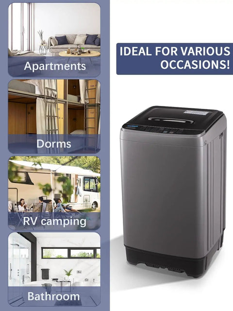 Compact Full Automatic Washing Machine In Sleek Grey Acts As A Smooth Operator With Quick Wash Spin Cycles And Direct Drainage handles daily chores in apartments, dorms, and RVs.