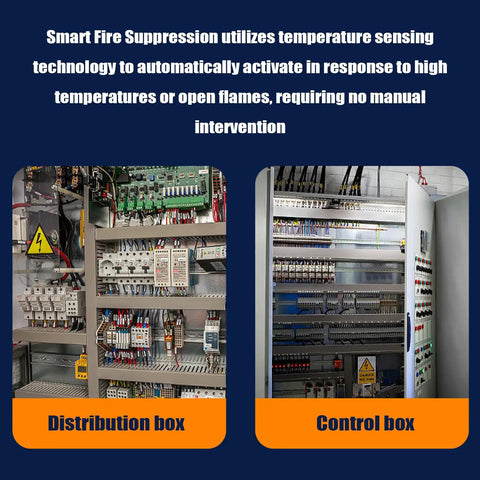 Smart fire suppression technology featuring distribution and control boxes in industrial settings, Automatic Fire Extinguisher 18G Aerosol Spray Kit Self Triggering Thermal Sensor Tech Quick Flame Slapper Heavy Duty Multipurpose Garage And Home Safety Essential.