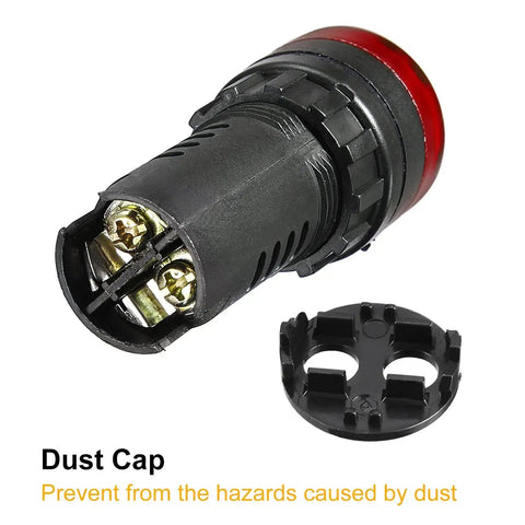 Rear view of Red Indicator Light With Buzzer 24V ACDC 22Mm Panel Mount Flasher Alarm, shows terminal connections and dust cap on black housing.