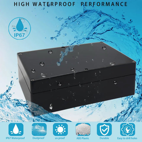 IP67 Waterproof Junction Box Enclosure For DIY Electronics Projects on wet surface, black ABS plastic construction.
