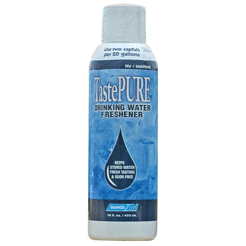 TastePure Drinking Water Freshener For RV Water Tank in blue 16 oz bottle with dosage instructions shown.