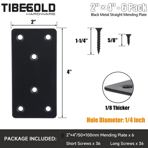 Hella Strong Black Steel Mending Plates For Patching Wood Furniture And Fence Repair with 2" x 4" size and screws included in a pack.