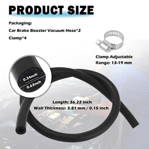 Universal Brake Booster Vacuum Hose Drop Right In 36 Inch Soft Rubber Line with adjustable clamp and size details.