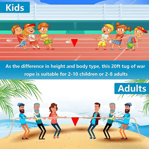 Epic Tug Of War Rope 25Ft With Flag For Outdoor Fun For Kids And Adults depicted with kids and adults playing tug of war.