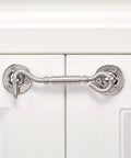 Two Pack Brushed Nickel Stainless Steel Hook And Eye Latch Four Inch Heavy Duty Barn Gate Door Lock installed on white cabinet.