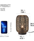 Industrial Table Lamp For Nightstand And Desk With Plug In Power, Black Hollow Carved Metal Cage Lantern Lighting beside phone