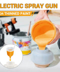 HVLP Electric Spray Paint Gun With 1200ML Tank, 4 Nozzles, 3 Spray Patterns, being filled with thinned paint for DIY use