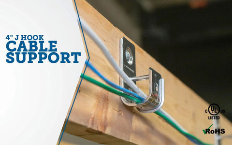 4 Inch J Cable Support Hook Workhorse Heavy Duty Zinc Plated Steel Cable Organizer Holds Up To 300 Cat 5E Wires Includes Snap In Retainer Bar To Keep Cables From Slipping 25 Pack Ideal For Data Cabling In Walls And Closets mounted on wood beam.