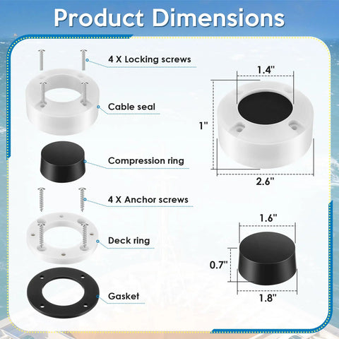 Round Waterproof Cable Gland Pass Through For Marine Auto And Home, Split Seal Design, includes gasket deck ring components.