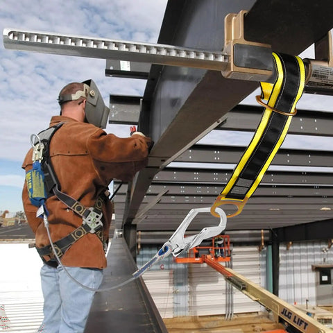 Worker on steel beam using Heavy Duty Fall Protection Strap Set, 2 Pack, 6 Foot Cross Arm Anchor Straps With Double D Rings.