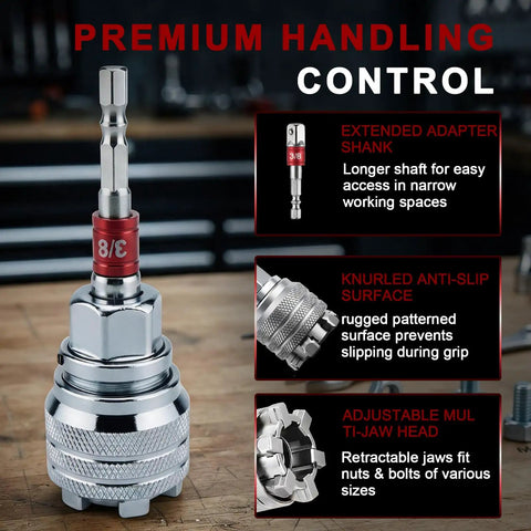 Heavy Duty Adjustable Universal Socket Wrench With Killer Non Slip Grip Fits 3/8 To 3/4 Drive Ratchet Tool with knurled surface.