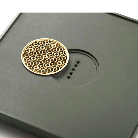 Top Shelf Green Slate Tea Tray With Integrated Drainage For Snazzy Kung Fu Ceremonies And Cool Home Office Vibes Stylish Square Serving Board Perfect For Dope Tea Enthusiasts with circular gold drainage cover.