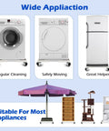 Adjustable Furniture Dolly For Heavy Appliances, Mobile Stand With Four Locking Wheels, Fits Mini Fridges, Washing Machines, Dryers, Refrigerators, shown with various appliances.