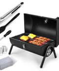 Portable Charcoal Grill Set For Outdoor Grilling And Camping, Compact tabletop with tools, thermometer, and food on grill