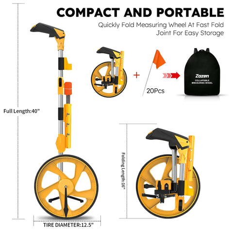 Distance Measuring Wheel With Feet And Inches, 20 Marking Flags And Flag Holder, collapsible with big kickstand and backpack