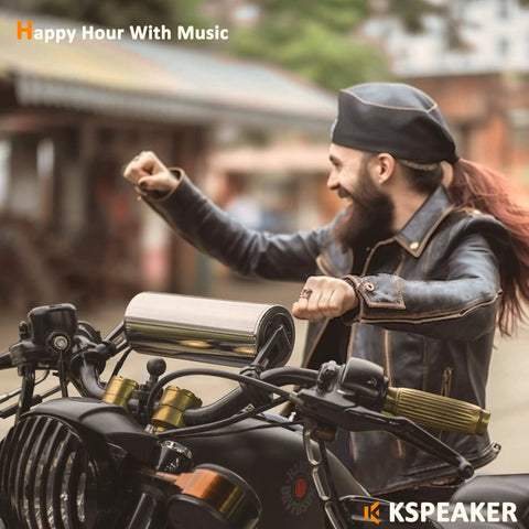 Beefed Up Dual Motorcycle Bluetooth Speakers Waterproof Radio Audio System With Built In Amplifier For ATV Scooter Bike 12 Volt Vehicle 3 Inch Metal MP3 Player Unit installed on handlebars.