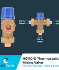 Half Inch Thermostatic Mixing Valve With Sweat Connections And Barb Fittings, Integral Checks, Brass Plumbing Fitting HG110-D