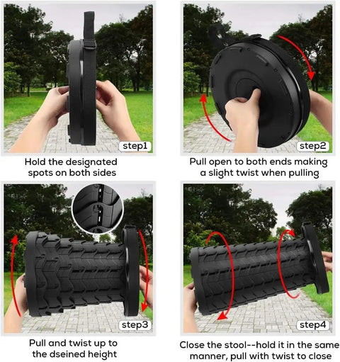 How to use the Upgraded Collapsible Camping Stool With 400 Lb Capacity, showing step-by-step unfolding instructions.