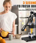 Heavy Duty Manual Cast Iron Citrus Juicer Hand Press Squeezer For Fresh Orange Lemon Juice Stable Black Countertop Kitchen Tool in use.