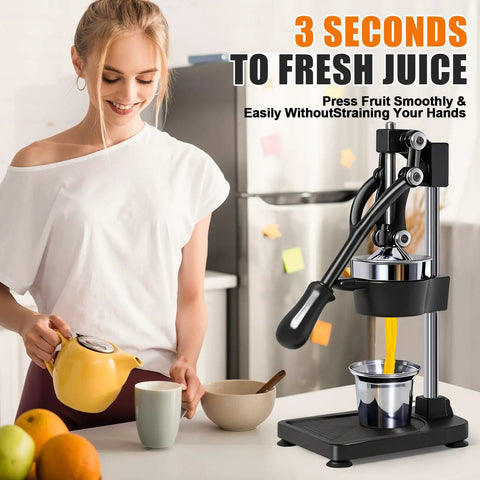Heavy Duty Manual Cast Iron Citrus Juicer Hand Press Squeezer For Fresh Orange Lemon Juice Stable Black Countertop Kitchen Tool in use.