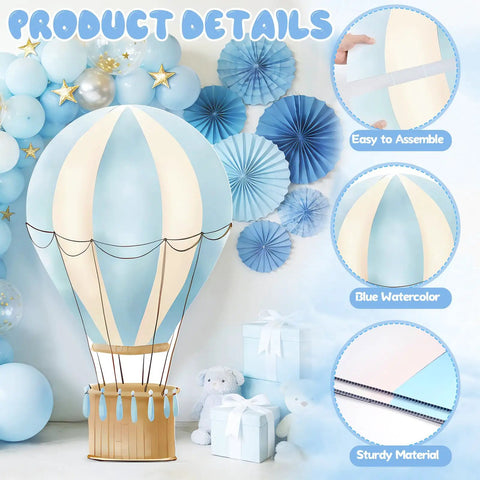 Blue Hot Air Balloon Cardboard Cutout For Baby Shower And Birthday Party Photo Booth Backdrop Life Size Standup Prop With Easy Setup includes sturdy material and easy assembly details.