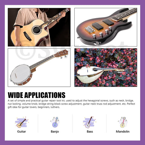 Guitar Allen Wrench Set With 13 Pieces For Precise Truss Rod And Nut Adjustments, Includes 9 Different Hex Wrenches, tool applications.