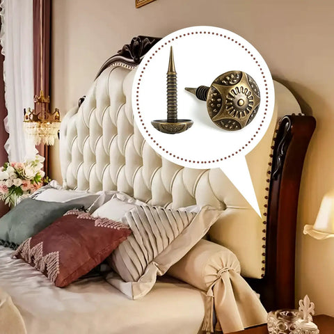 Top Shelf Vintage Floral Upholstery Tacks 240 Piece Set Antique Bronze Furniture Nails on upholstered bed headboard.