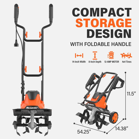Compact Electric Garden Tiller Cultivator with Foldable Handle, 14 Inch Width, 4 Steel Tines for Lawn and Soil Care