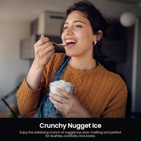 Person enjoying crunchy nugget ice from a cup, showcasing soft chewable pebble ice made by Nugget Ice Maker Countertop.
