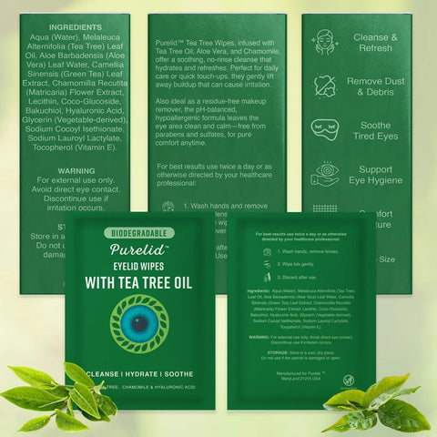 Purelid Eyelid Wipes 100-count, individually wrapped, tea tree oil, biodegradable green packaging with eye graphic