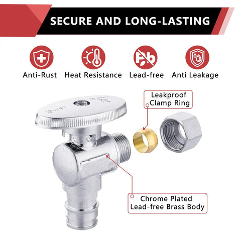 10 Pack Pex A Angle Stop Valve Set For Quick No Sweat Install 1/4 Turn On Off 3/8 Inch OD Compression To 1/2 Inch Pex A Expansion Chrome Brass