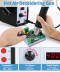 858D Hot Air SMD Rework Station in use, showing digital soldering heat gun on PCB with adjustable settings indicators