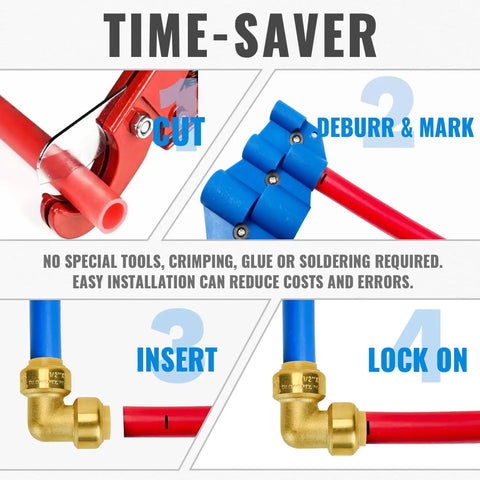 1/2 Inch Push To Connect 90 Degree Elbow Fittings Kit For PEX Pipe Copper CPVC Lead Free Brass With 1 Disconnect Clip, 6 Pack steps.