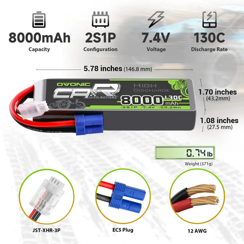 Two Pack 8000mAh 7.4V 130C LiPo RC Batteries With EC5 Connector 2S Power Cells For RC Cars Drones And Planes Includes Lipo Voltage Checker