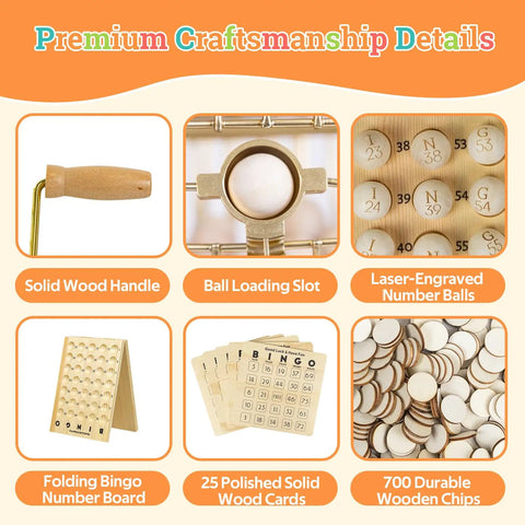 Deluxe Wooden Bingo Game Set With Large Metal Cage, 75 Balls, 25 Reusable Cards, Number Board, 700 Chips details display