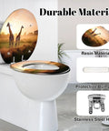 Generic Round Resin Toilet Seat for Bathroom with giraffe design, 16.5 inches length, 14.5 inches width, stainless steel hinge.