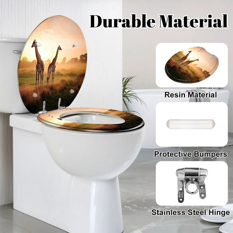 Generic Round Resin Toilet Seat for Bathroom with giraffe design, 16.5 inches length, 14.5 inches width, stainless steel hinge.