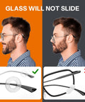 Glasses cleaning kit; side-profile man wearing glasses with a close-up of a clear nose-pad accessory.