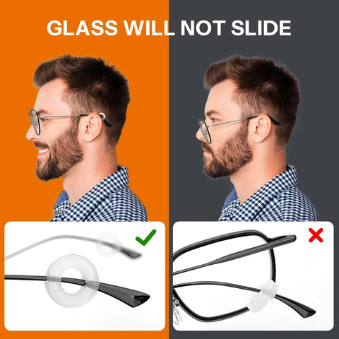 Glasses cleaning kit; side-profile man wearing glasses with a close-up of a clear nose-pad accessory.