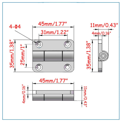 Adjustable Torque Position Control Hinges 4 Pack Black Zinc Alloy Damping Hinges With Countersunk Holes For Furniture Equipment And Instruments 0.3 To 1.2 NM Stop At Any Angle 45 By 35 Mm Screws Included diagram with measurements.
